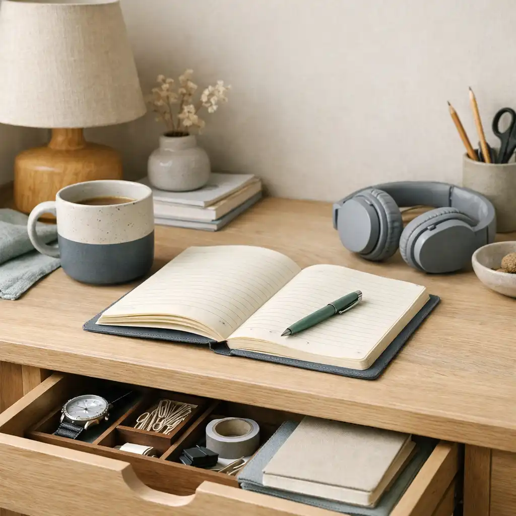 Un bureau calme avec une lampe, un carnet ouvert, une tasse et quelques objets rangés.