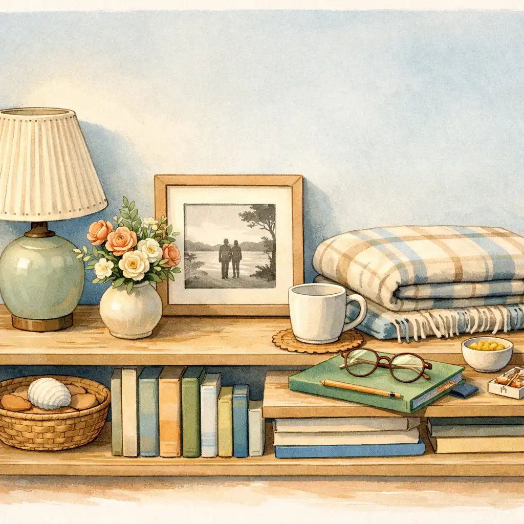 Coin de salon dessiné avec étagère, plaid, bouquet et objets du quotidien