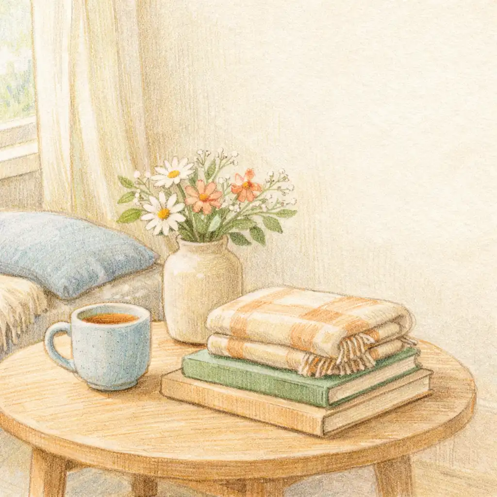 Coin de salon dessiné à la main avec une table basse, une tasse, des livres, un plaid et un vase de fleurs près d’une fenêtre.