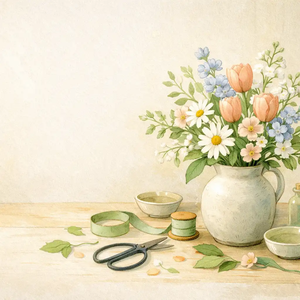 Composition florale dans un vase en céramique, entourée de ciseaux, ruban et feuillage sur une table.