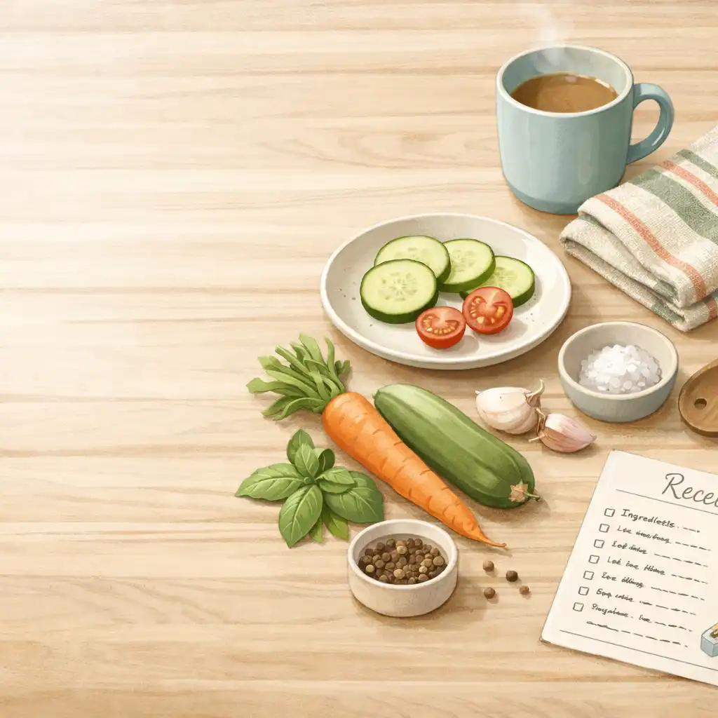 Plan de travail de cuisine avec tasse, légumes, torchon et carte de recette rangés avec soin.