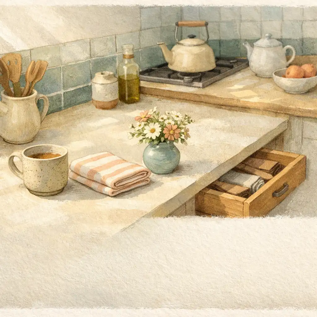 Cuisine paisible avec plan de travail rangé, tasse, torchon et fleurs