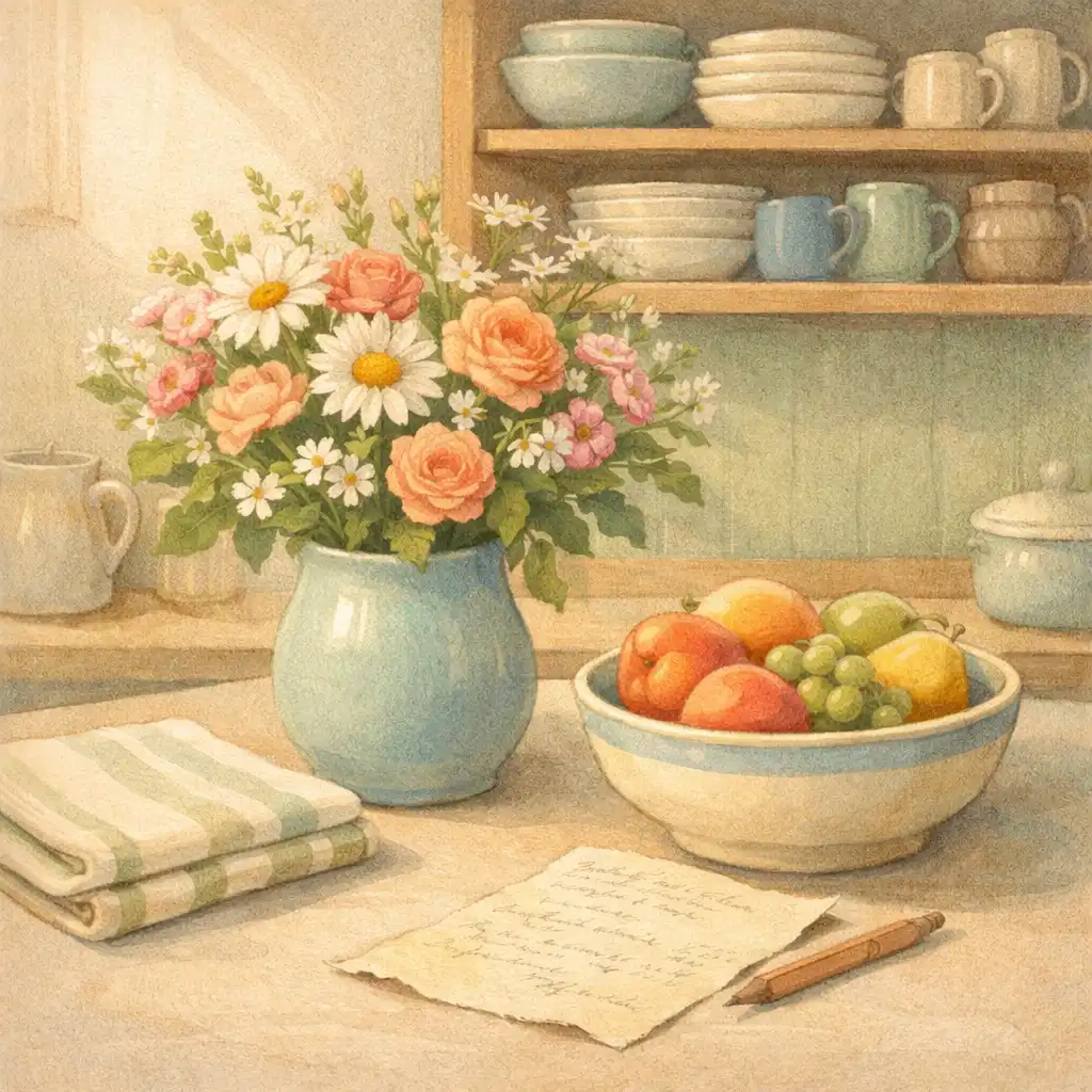 Cuisine tranquille illustrée avec un bouquet de fleurs, un torchon plié, un bol de fruits et de la vaisselle sur une étagère.