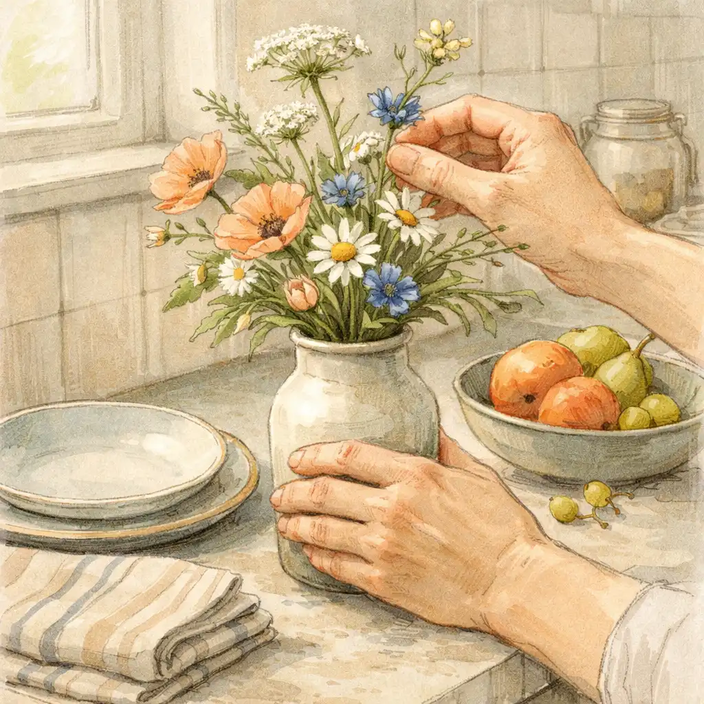 Des mains arrangent des fleurs dans un vase sur un plan de travail de cuisine.