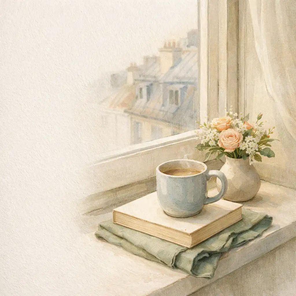 Tasse, fleurs, livre et tissu plié sur un rebord de fenêtre lumineux