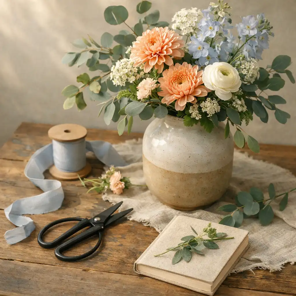 Vase de fleurs, ciseaux, ruban et carnet rangés sur une table