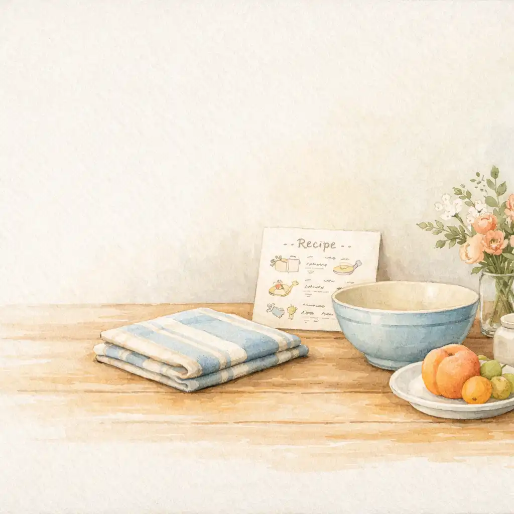 Table de cuisine rangée avec bol, recette, torchon et fleurs