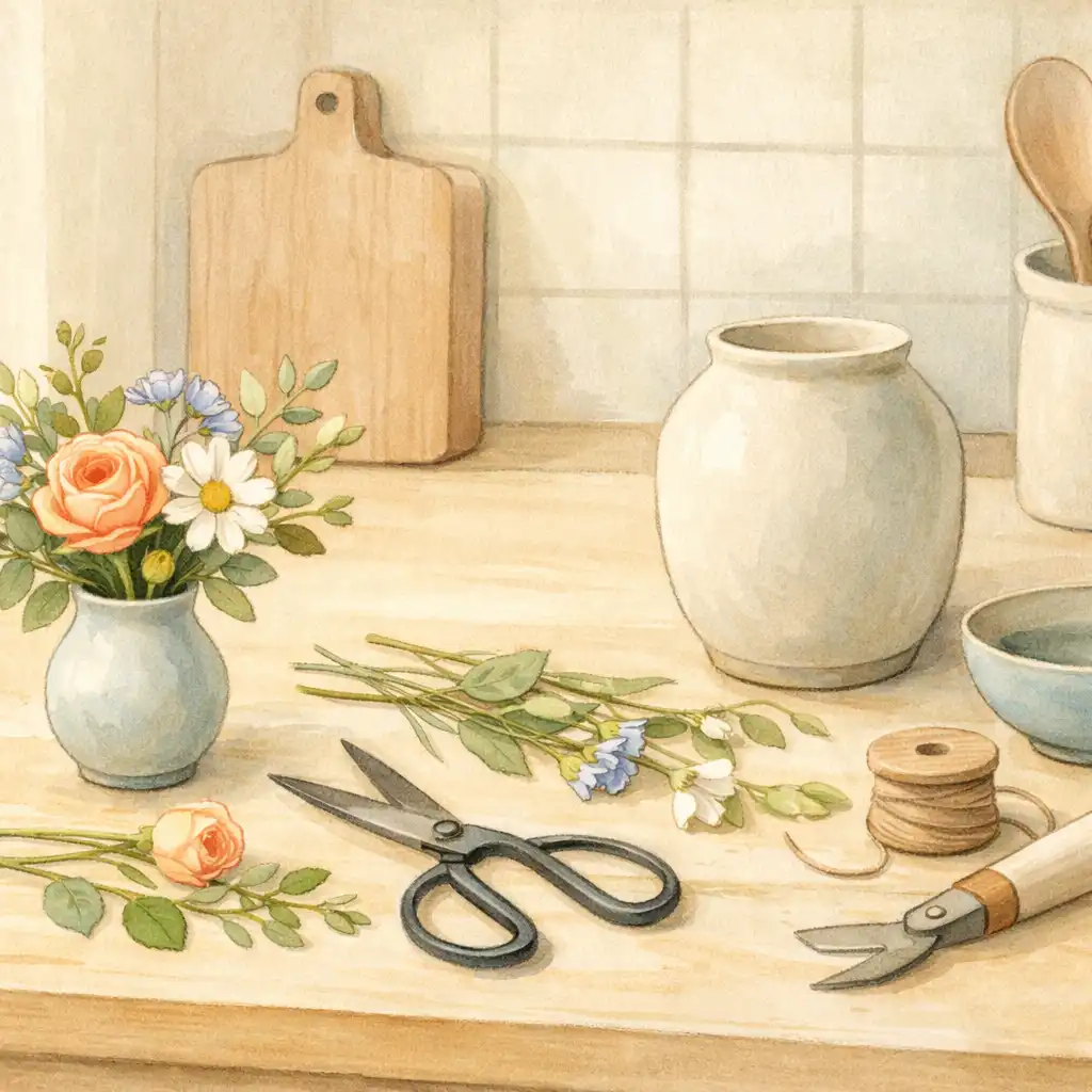 Une composition florale, un vase et des ustensiles disposés sur un plan de travail de cuisine calme.