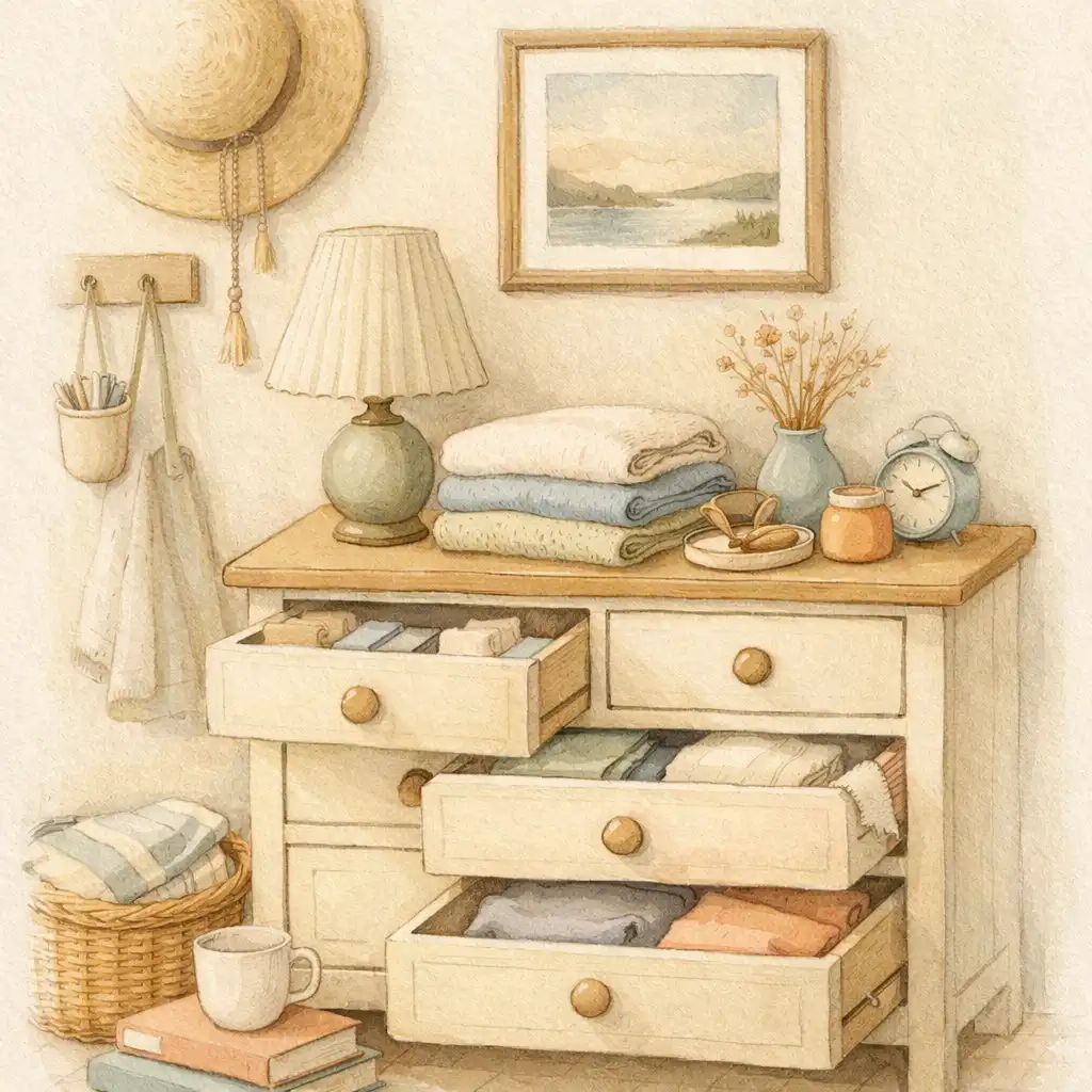 Un coin de pièce cosy avec commode ouverte, linge plié, lampe et petits objets rangés avec soin.