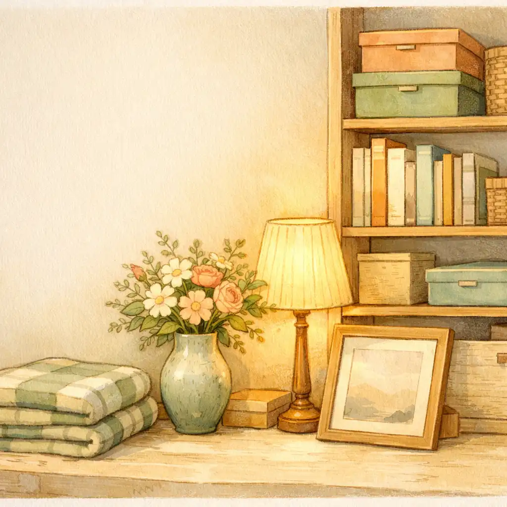 Coin de chambre cosy avec une étagère, une lampe, des fleurs, un plaid plié et des boîtes rangées.