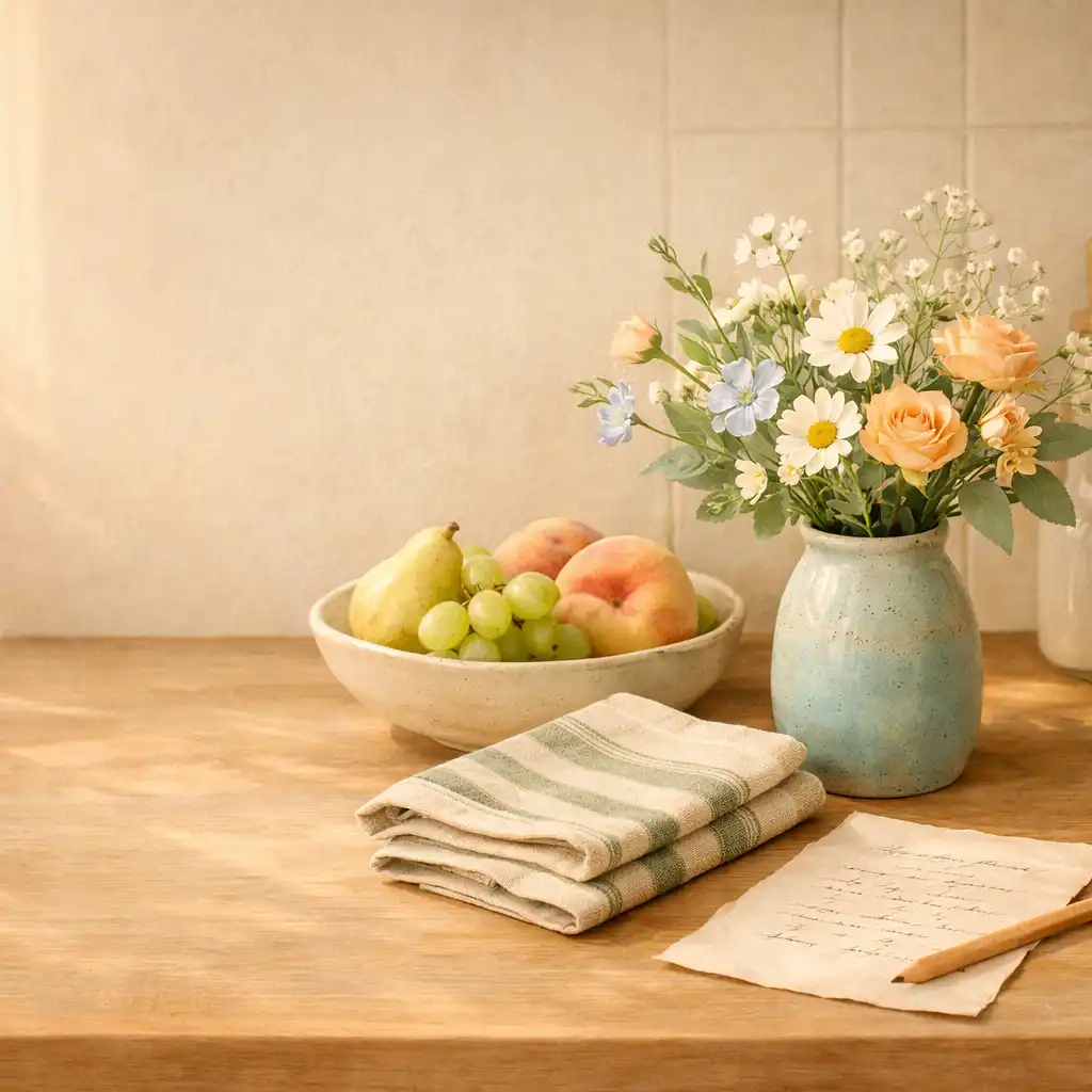 Une composition florale dans un vase sur un plan de travail de cuisine, près de fruits et d’un linge plié.