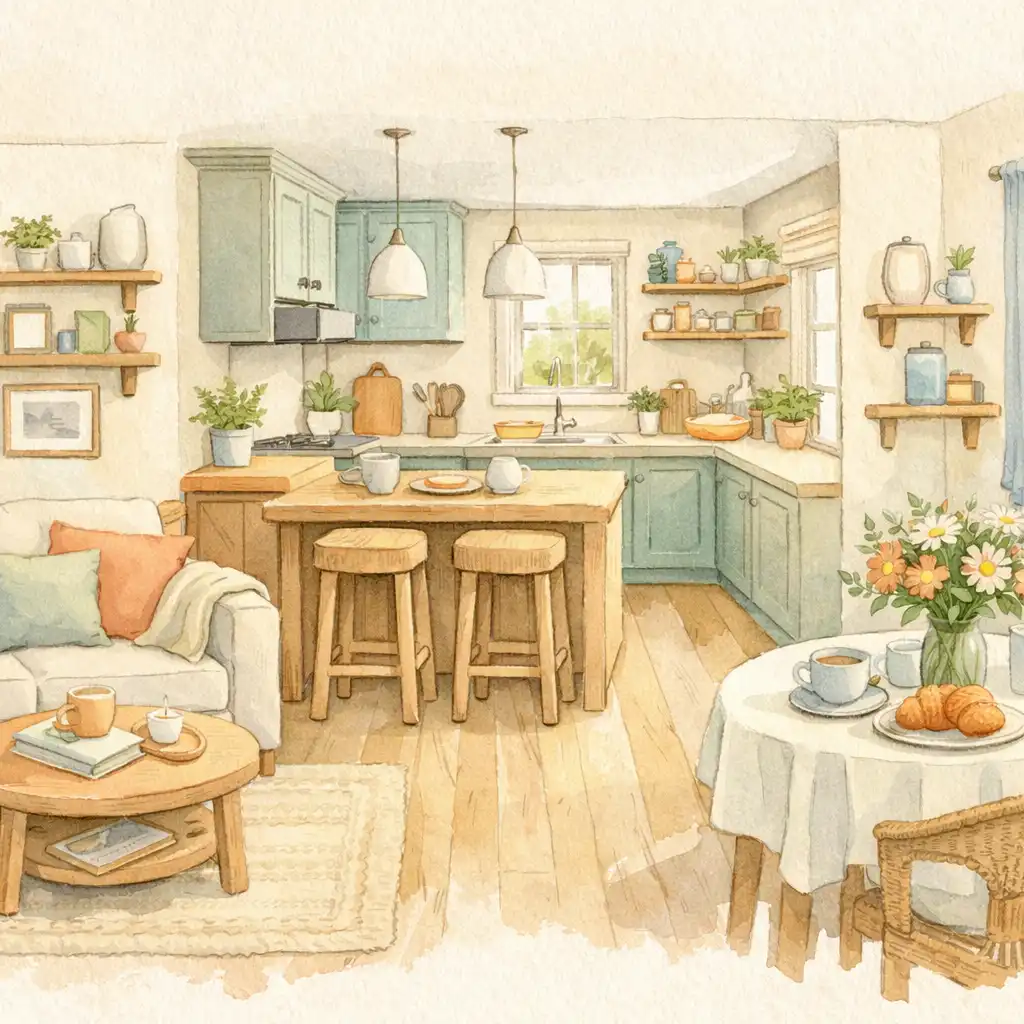 Trois pièces domestiques illustrées : un salon, une cuisine lumineuse et une table fleurie avec des objets soigneusement disposés.