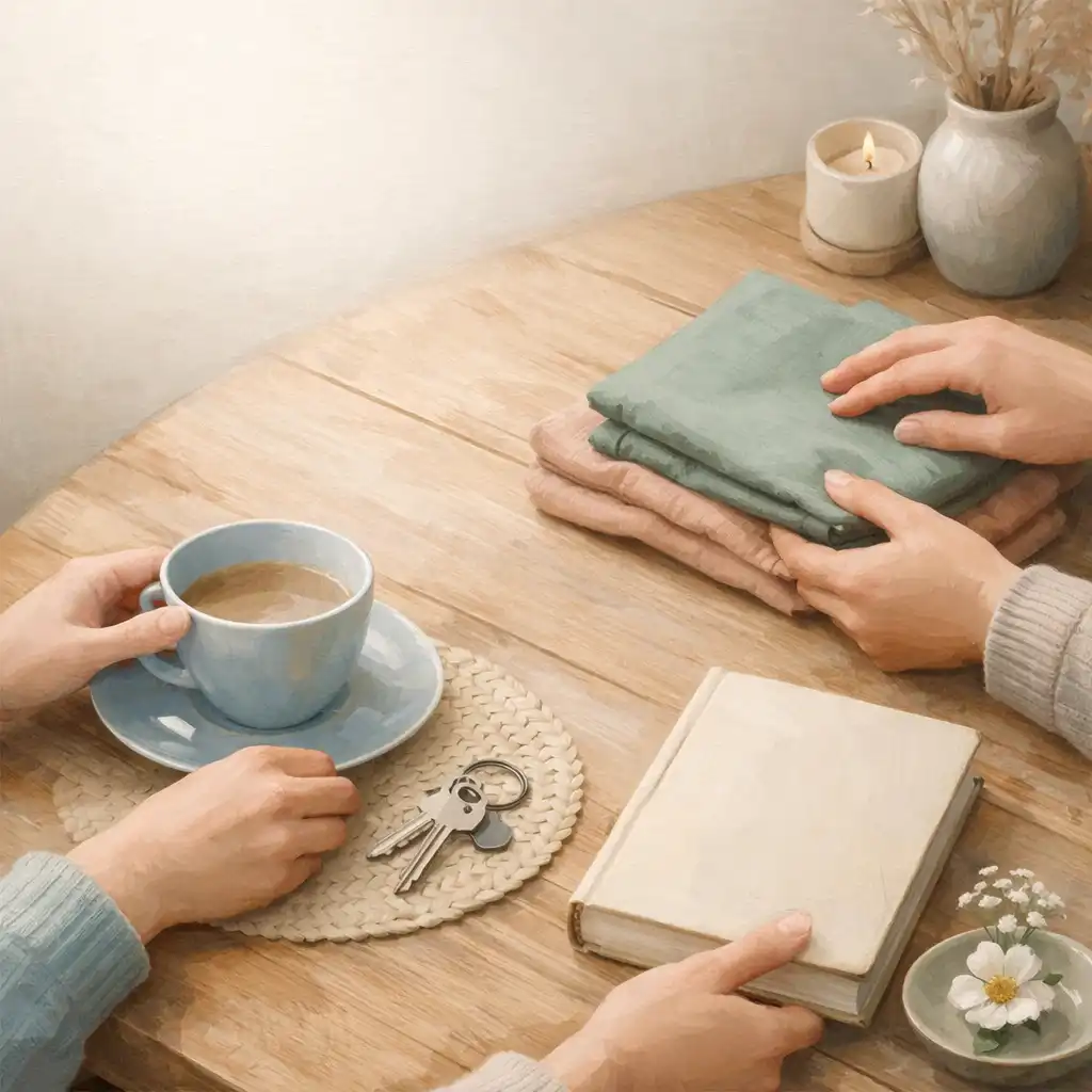 Des mains rangent une tasse, un livre, une clé, un tissu plié et une petite fleur sur une table chaleureuse.