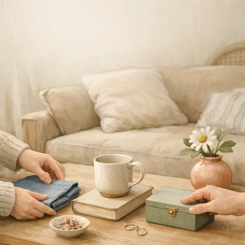 Des mains rangent doucement une tasse, un livre, un tissu plié et une fleur sur une table basse.