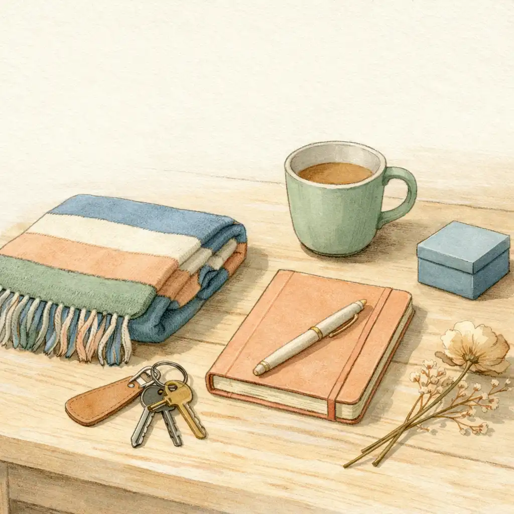 Table de rangement avec une tasse, un carnet, des clés, une écharpe pliée, une boîte et une fleur séchée.