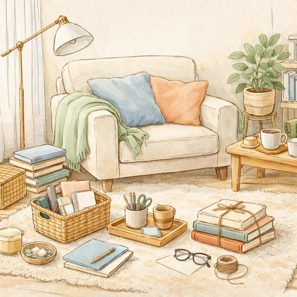 Salon cosy illustré avec un fauteuil, une lampe, un tapis, des livres, des coussins et des plantes organisés près d’une fenêtre.