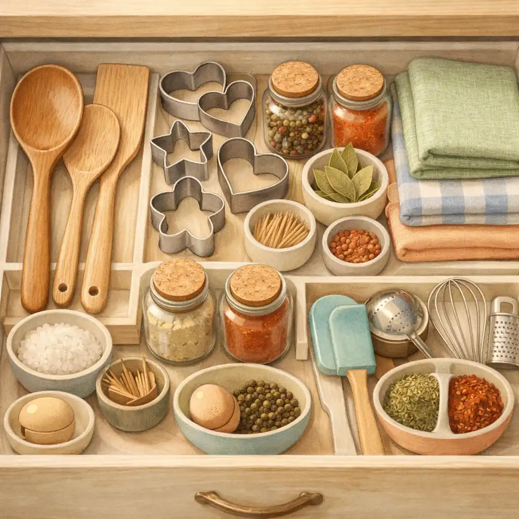 Tiroir de cuisine entrouvert montrant ustensiles, torchons et épices rangés par groupes.